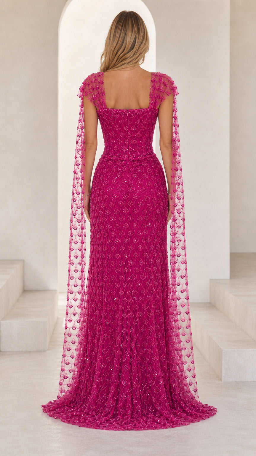 Fuchsia Pink formal sequin gown showing open square back and floor-length cape