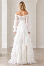 White tiered floor-length dress back view