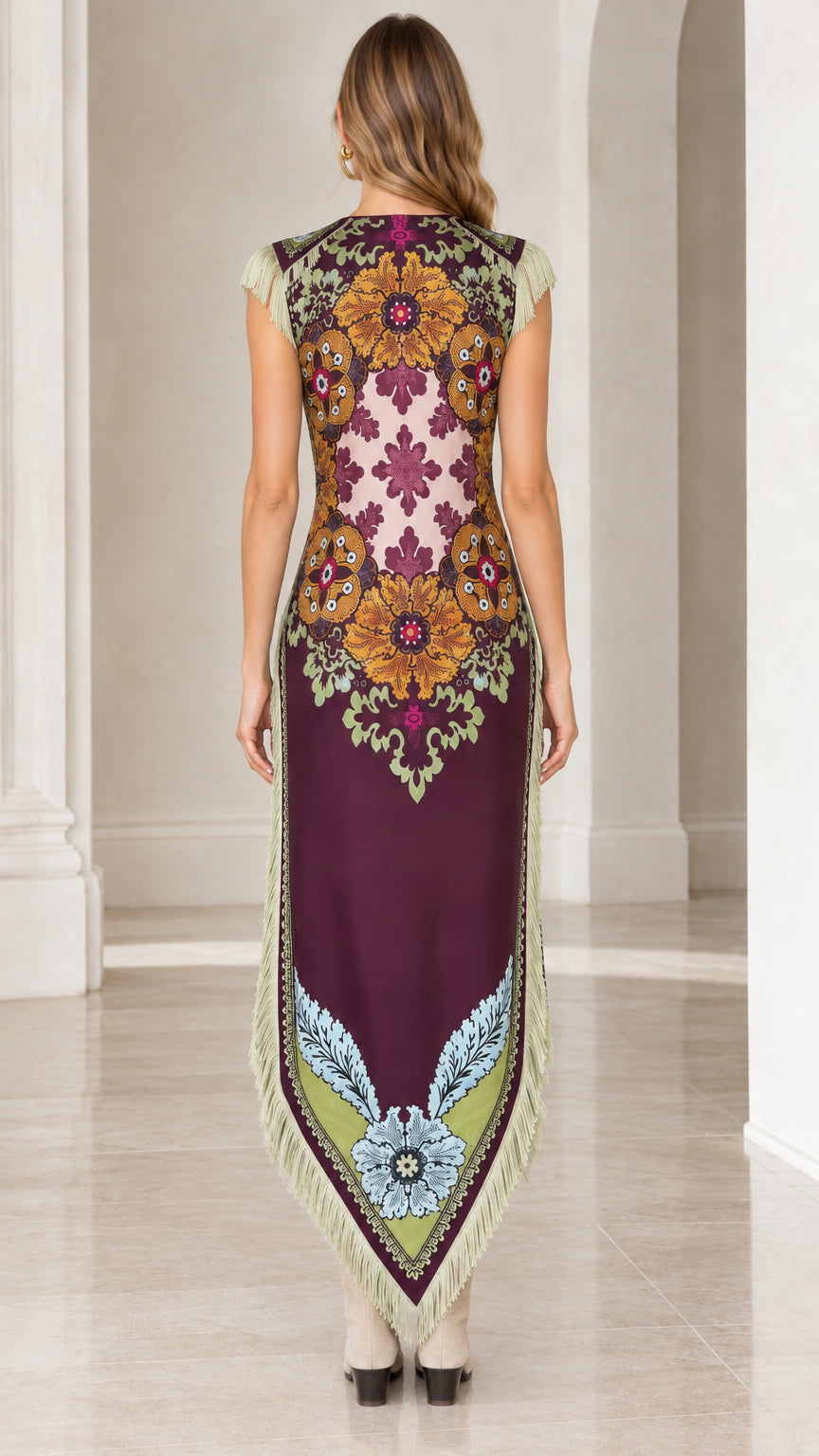 Back view of woman wearing plum floral print maxi dress featuring symmetrical print and pointed hemline