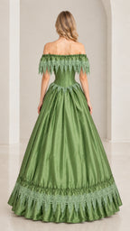 Sage green Victorian ball gown back view showing full pleated skirt