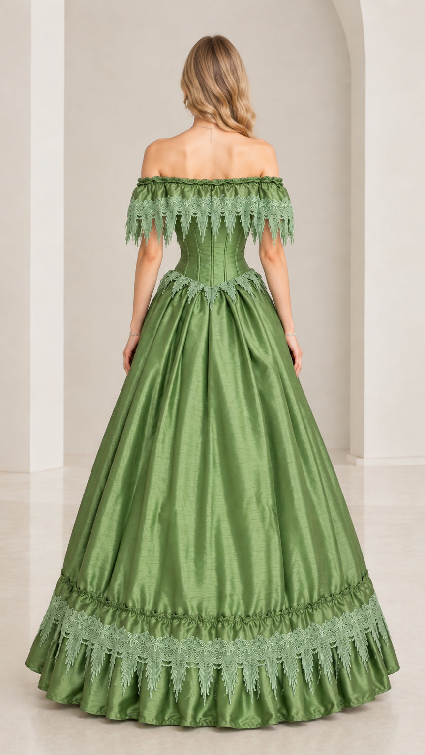 Sage green Victorian ball gown back view showing full pleated skirt