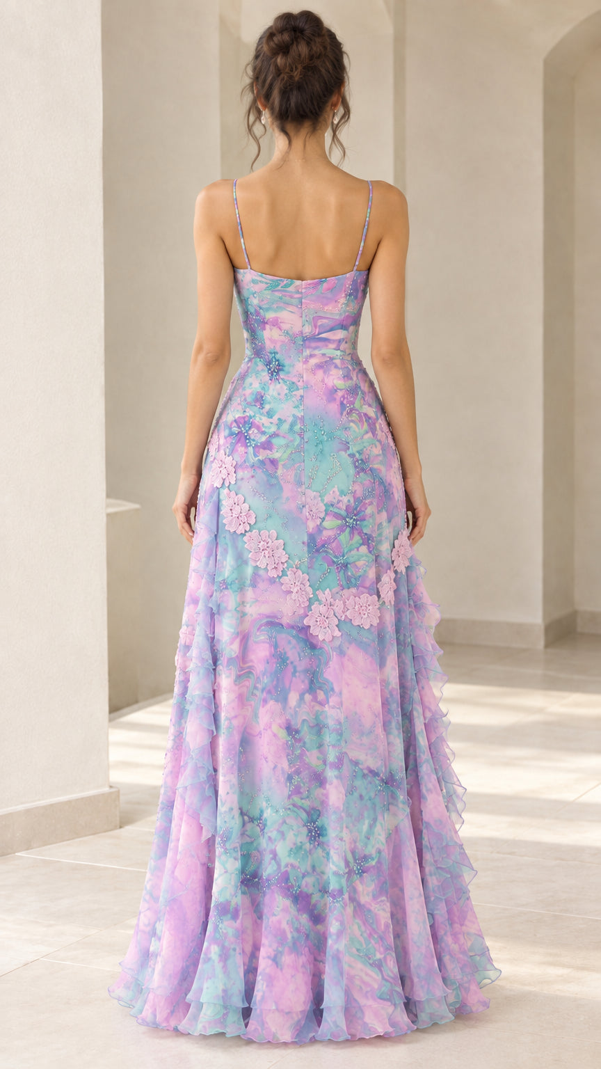 Back view of purple floral print maxi dress featuring spaghetti straps and draped fit