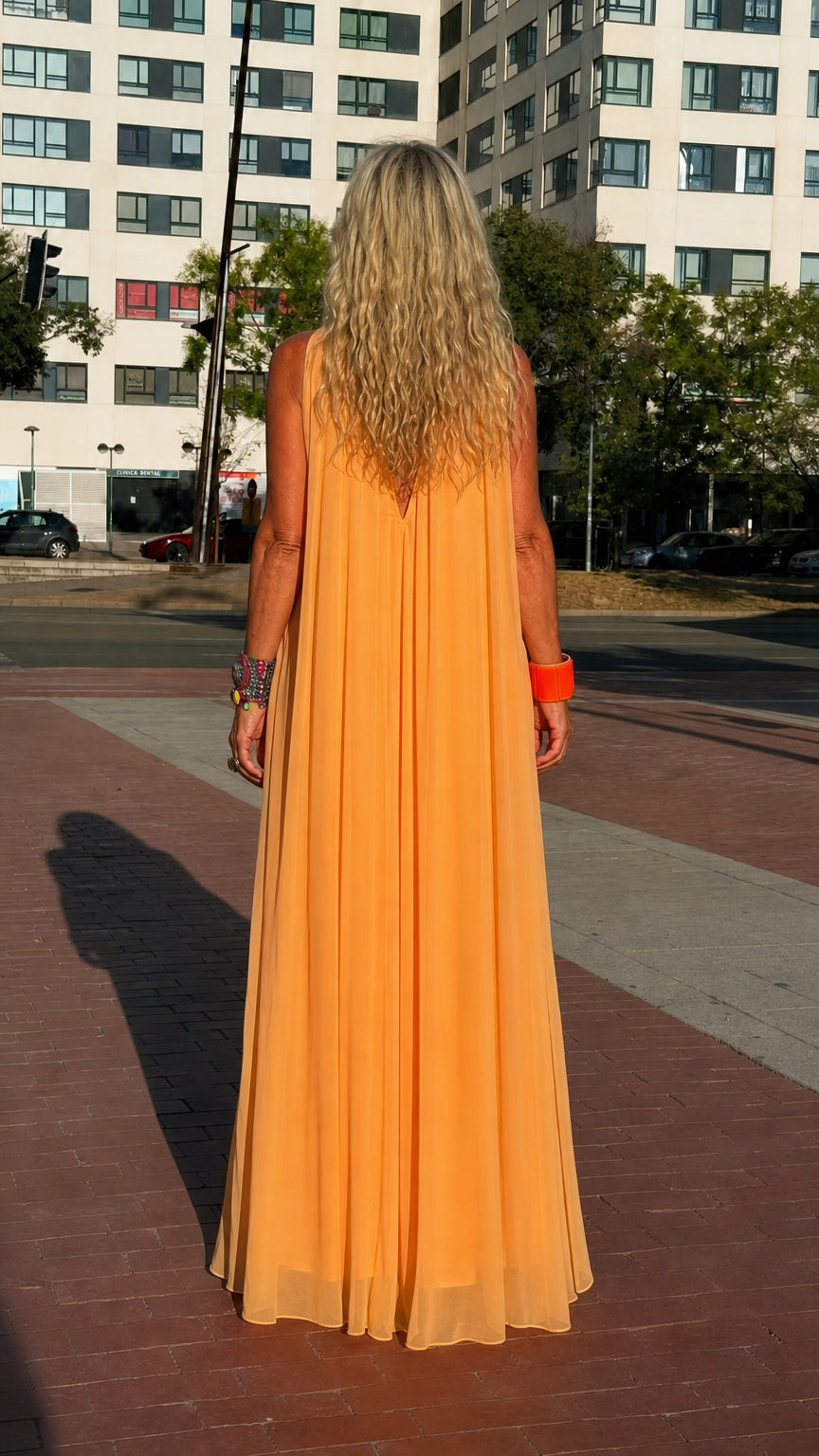 Back view of woman wearing orange high neck sleeveless trapeze maxi dress