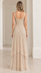 Back view of model showcasing scoop back and zipper on Champagne evening gown