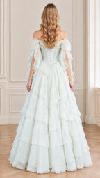 Back view of mint green ball gown displaying lace-up corset back and tiered skirt