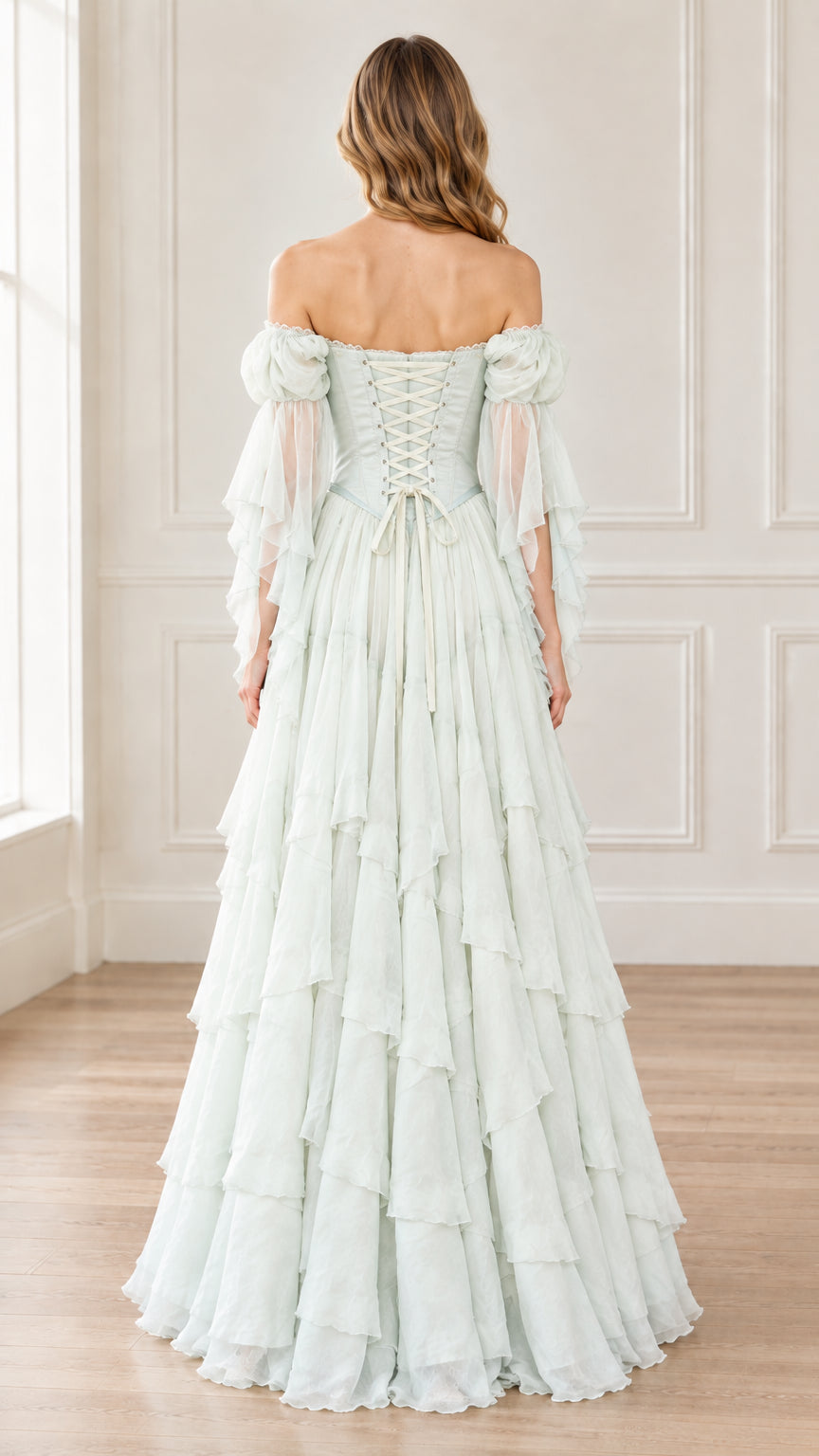 Back view of woman wearing Mint Green maxi dress highlighting adjustable lace-up corset closure