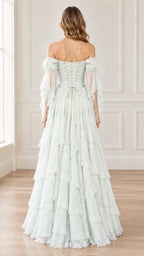 Back view of woman wearing Mint Green maxi dress highlighting adjustable lace-up corset closure