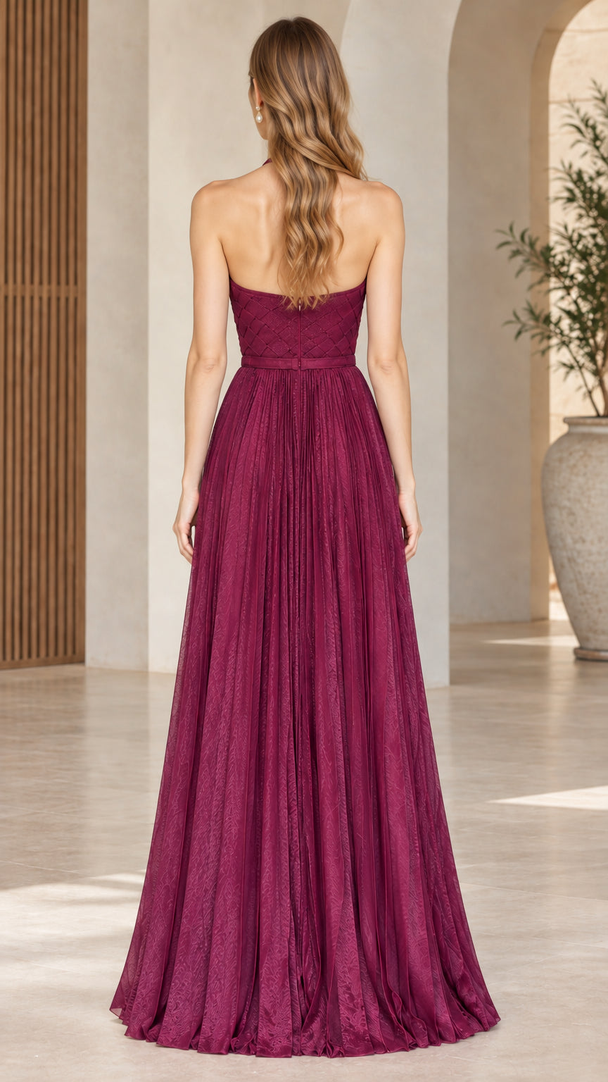 Back full-length view of woman showcasing the open upper back of the Wine halter maxi dress