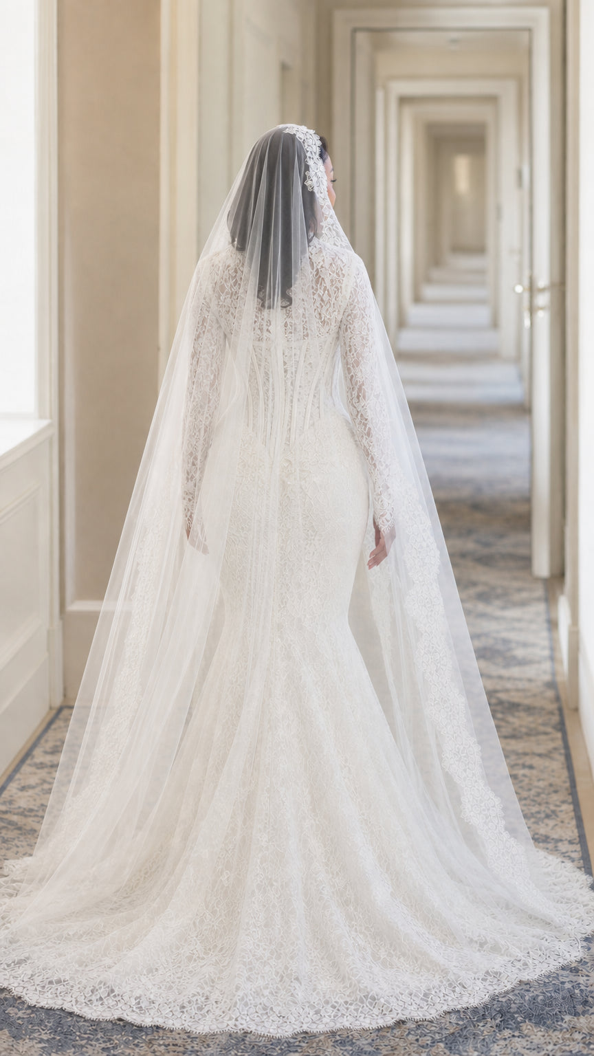 Back view of ivory lace mermaid bridal gown with matching long lace veil