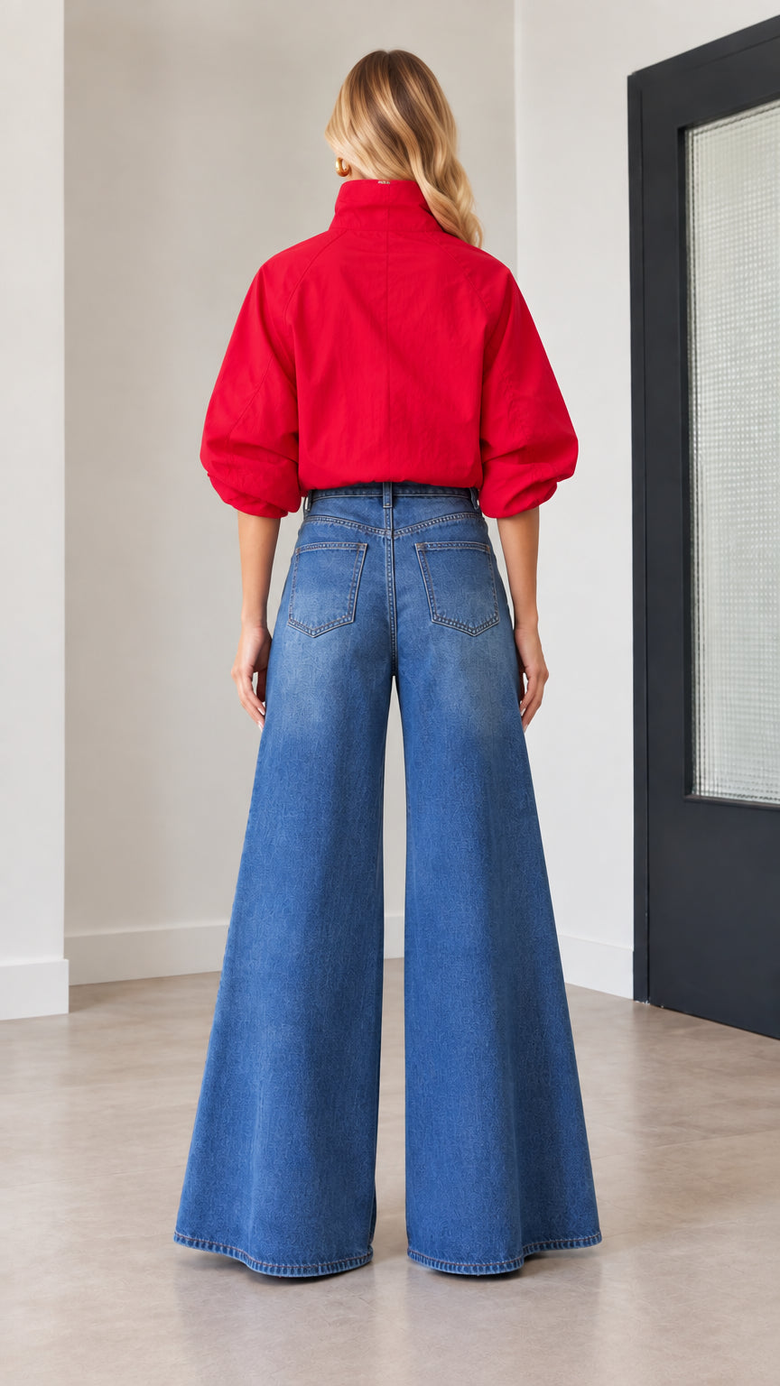 Rear view of woman in red gathered jacket and wide-leg denim jeans