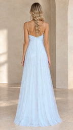 Back view of model showcasing open back and slim straps on light blue tulle maxi dress