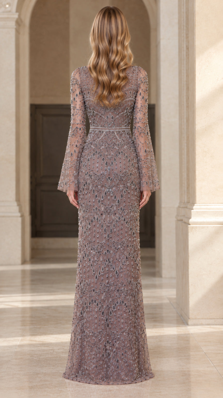 Back view of woman wearing floor-length mauve beaded formal evening gown