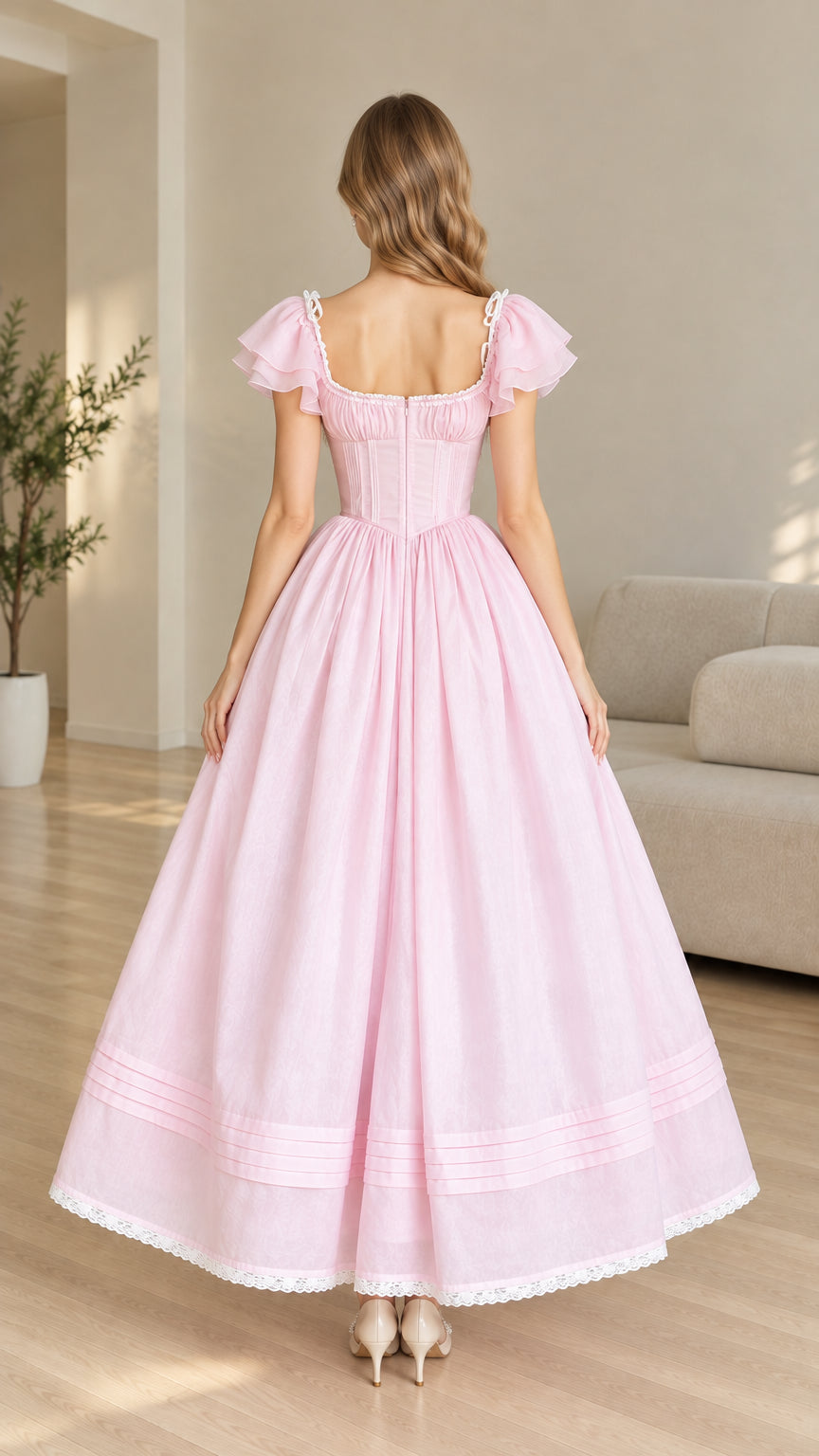 Back view of pink square back maxi dress with concealed zipper