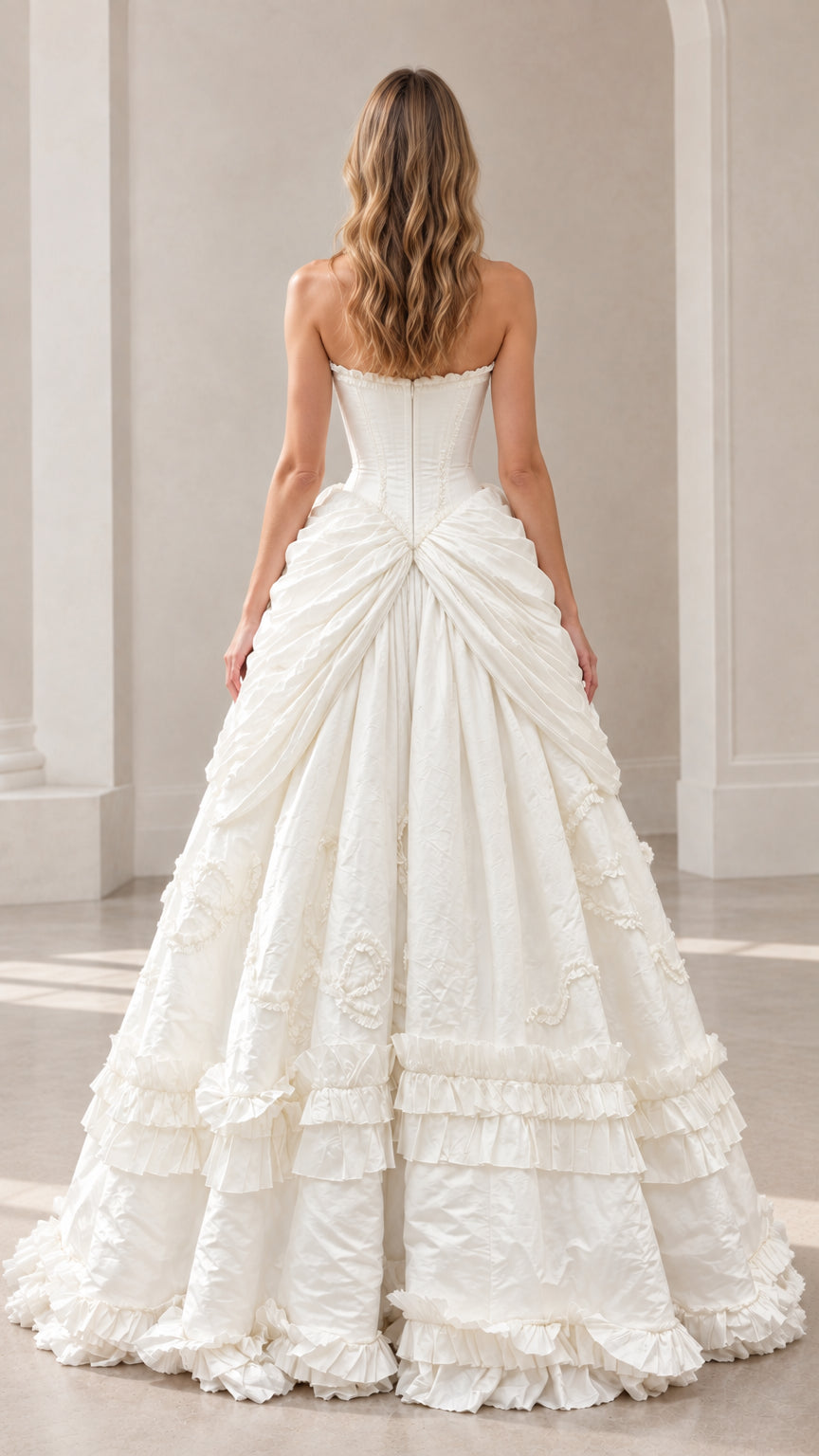 Back view of model in ivory strapless gown showing low back and tiered ruffles