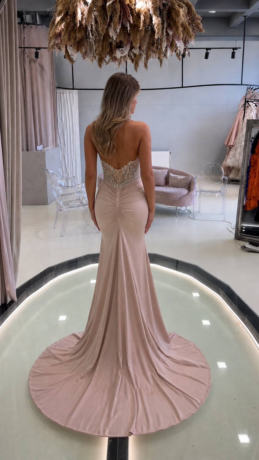 Back view of champagne blush formal evening dress showing open back and draped train