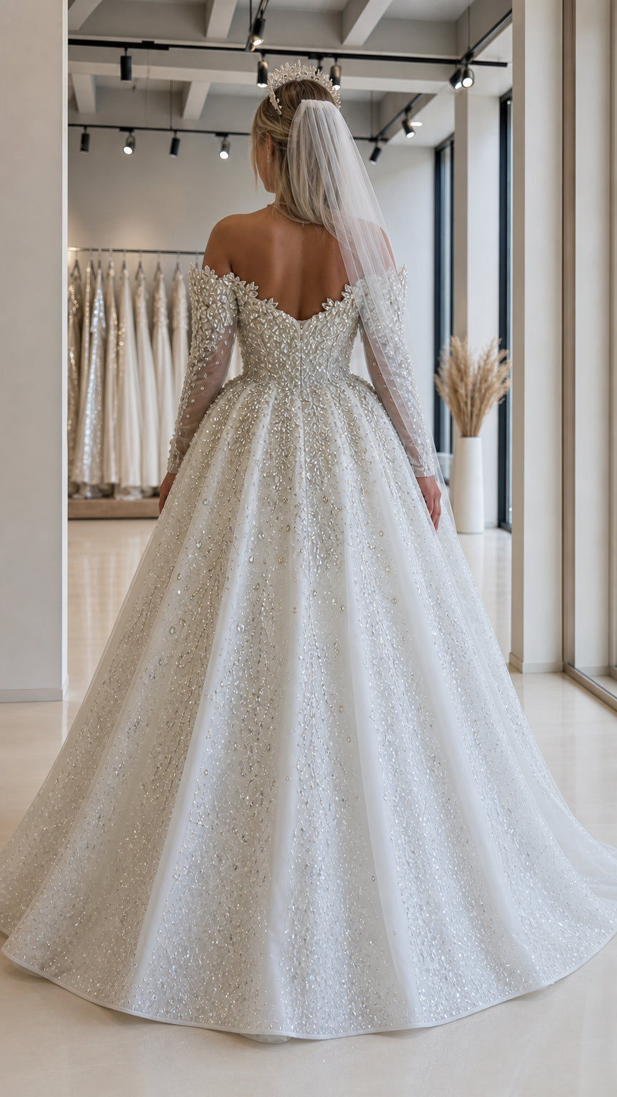 Back view of white off-the-shoulder sequin bridal gown showing low V-back and train