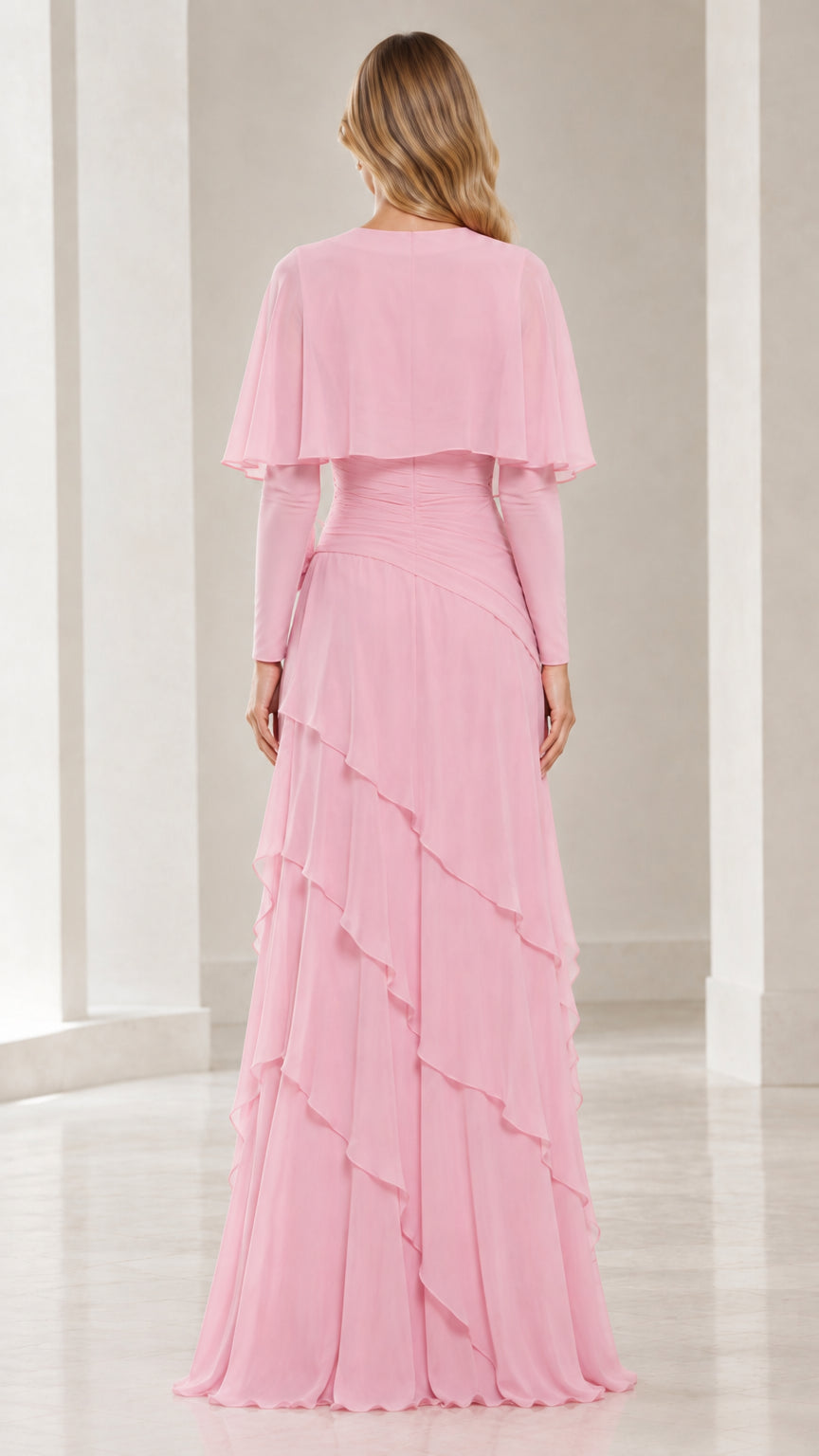 Back view of pink tiered ruffle floor-length formal dress