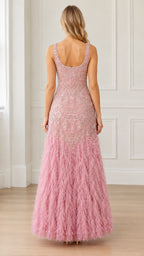 Dusty pink beaded evening gown back view showing scoop back and feathered skirt