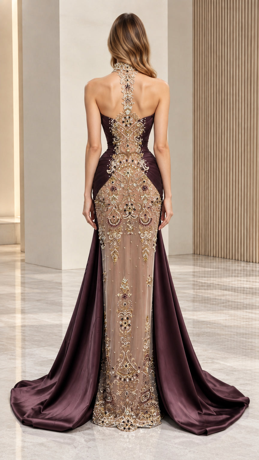 Back view of burgundy illusion back evening gown with intricate jewel embellishments