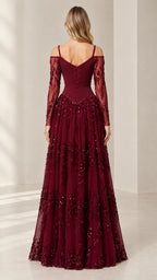 Back view of burgundy corset evening dress showing lace-up back detail