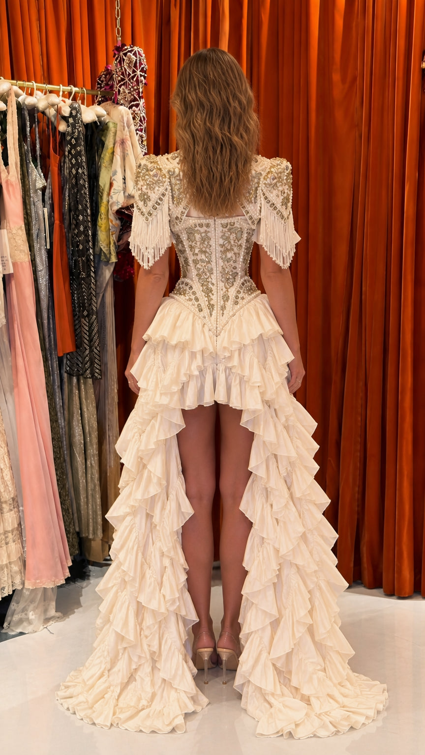Back view of ivory high-low gown showing cascading tiered ruffle train