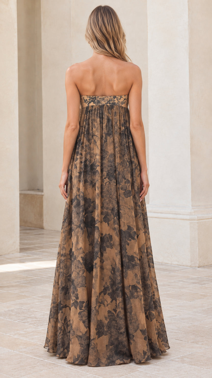 Back view of model showcasing tan floral strapless maxi dress
