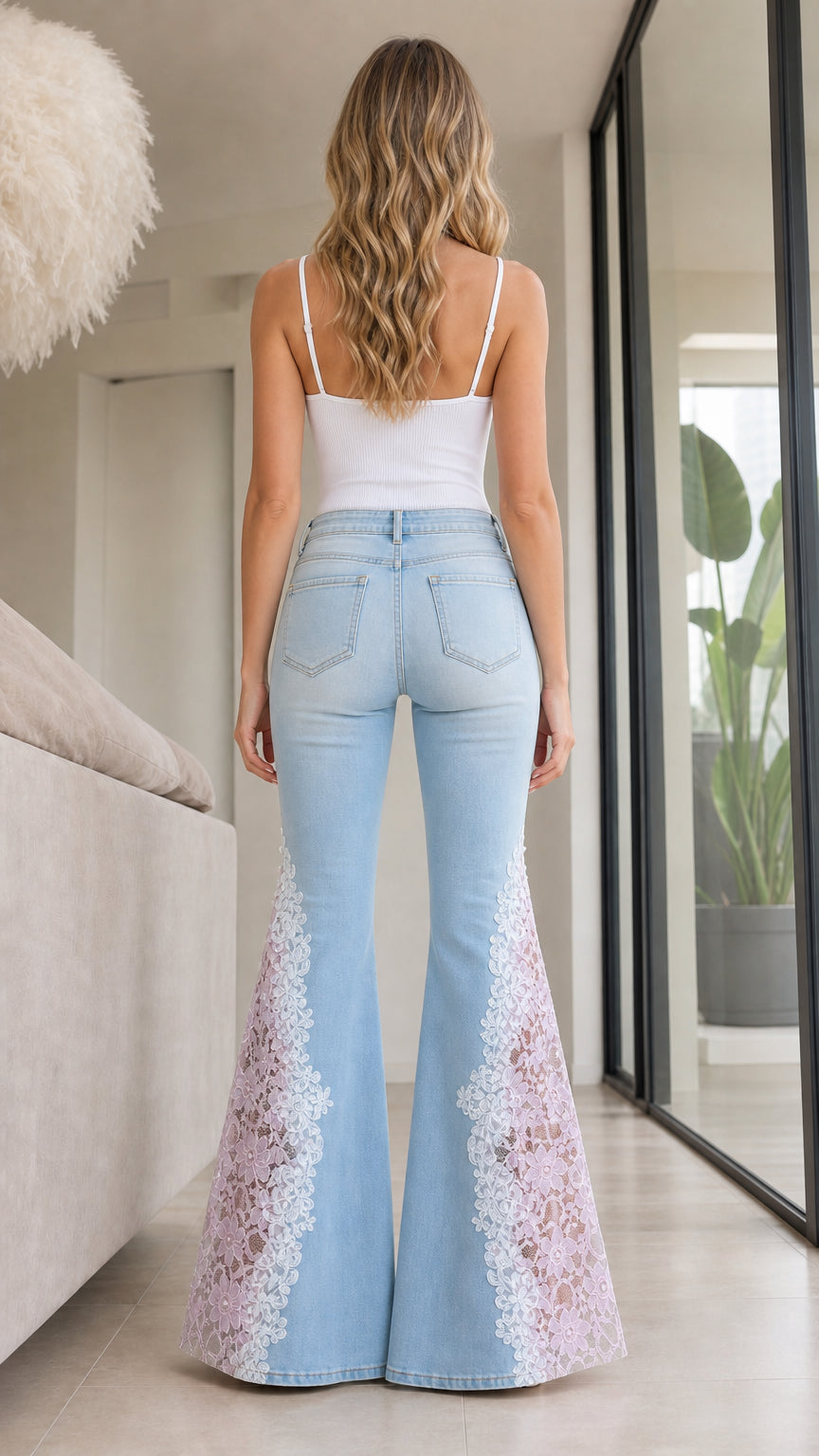 Back view of model wearing light blue flare denim pants with lace paneling