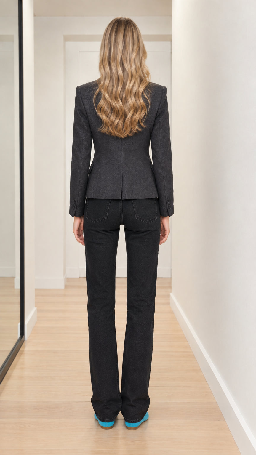 Back view of model wearing dark grey tailored blazer showing waistline and back vent