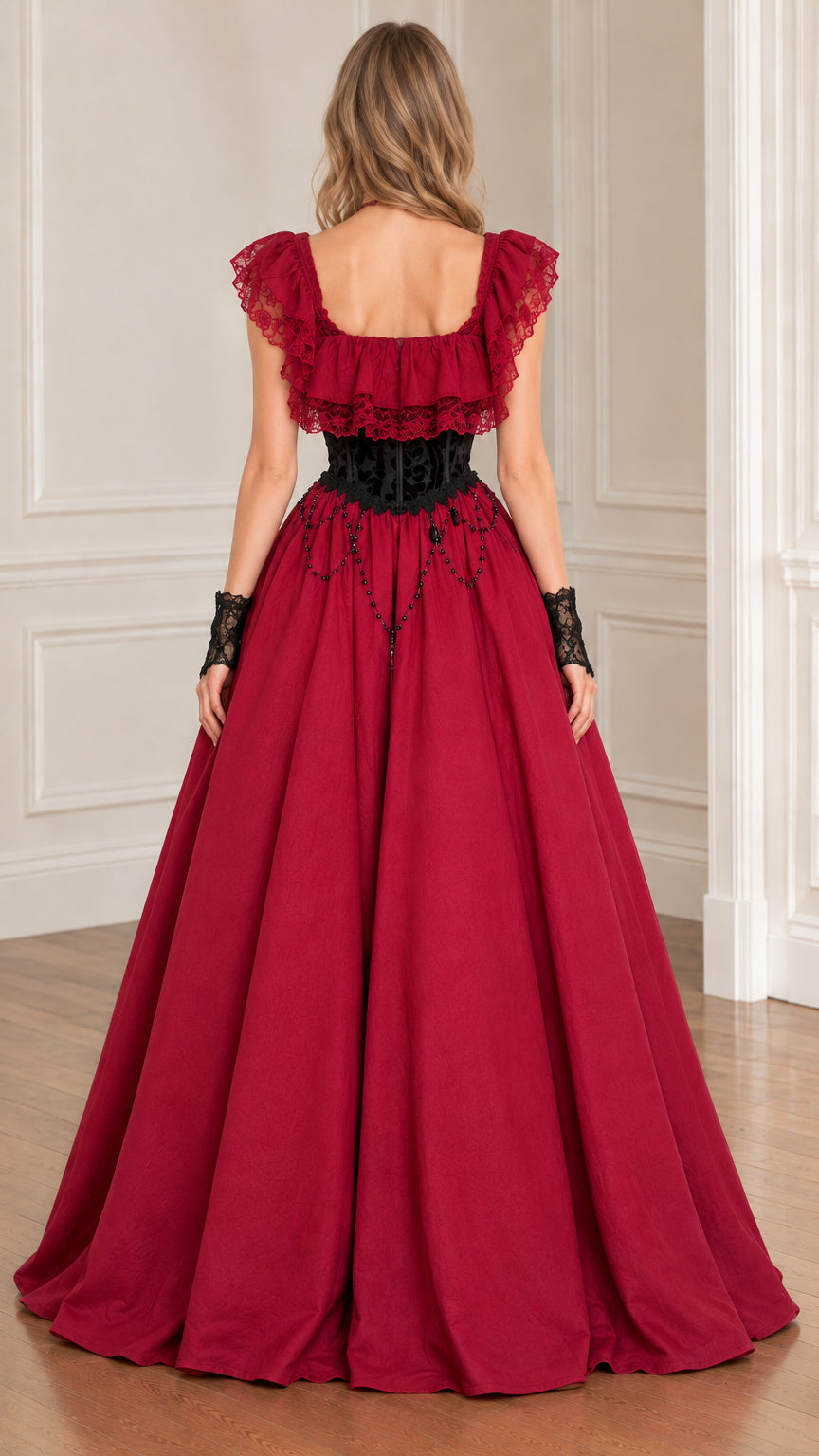 Rear view of burgundy Victorian evening gown showing full floor-length skirt