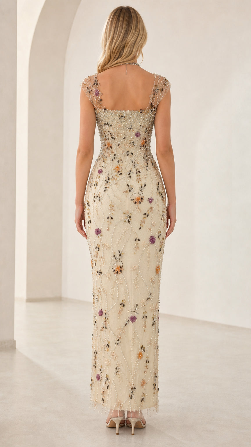Back view of champagne embellished maxi evening dress with square back