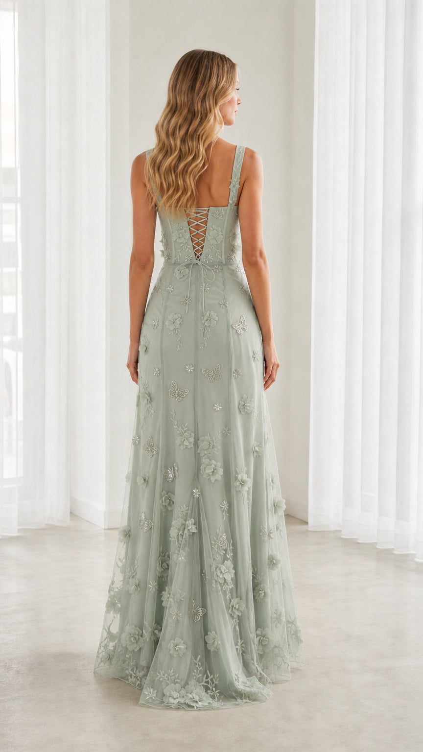 Back full-length view showing lace-up corset detail on Sage Green evening gown