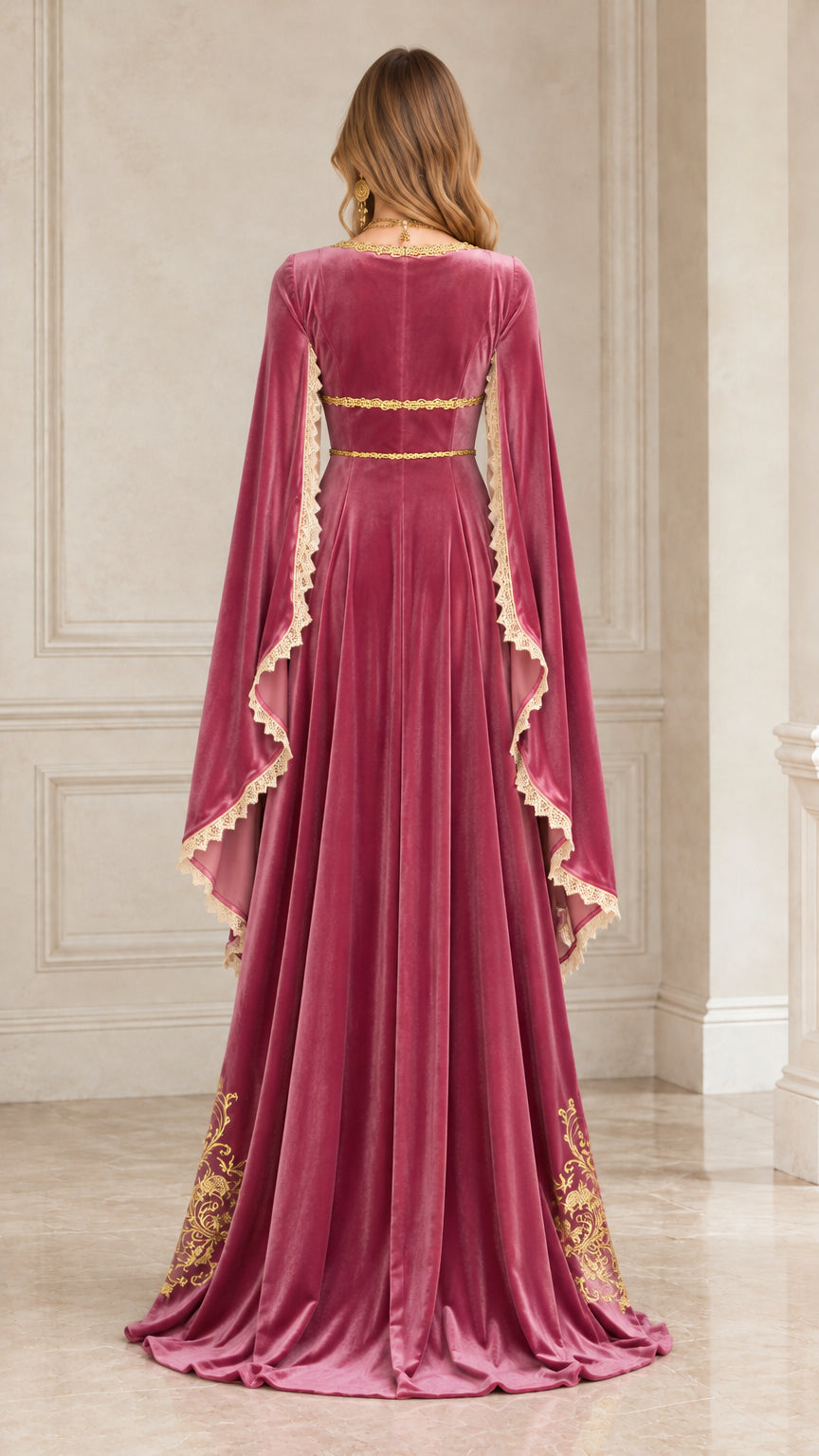 Back view of dusty rose velvet maxi dress displaying empire waist and sweeping floor-length skirt