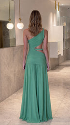 Back view of model in sage green one-shoulder cutout pleated evening dress