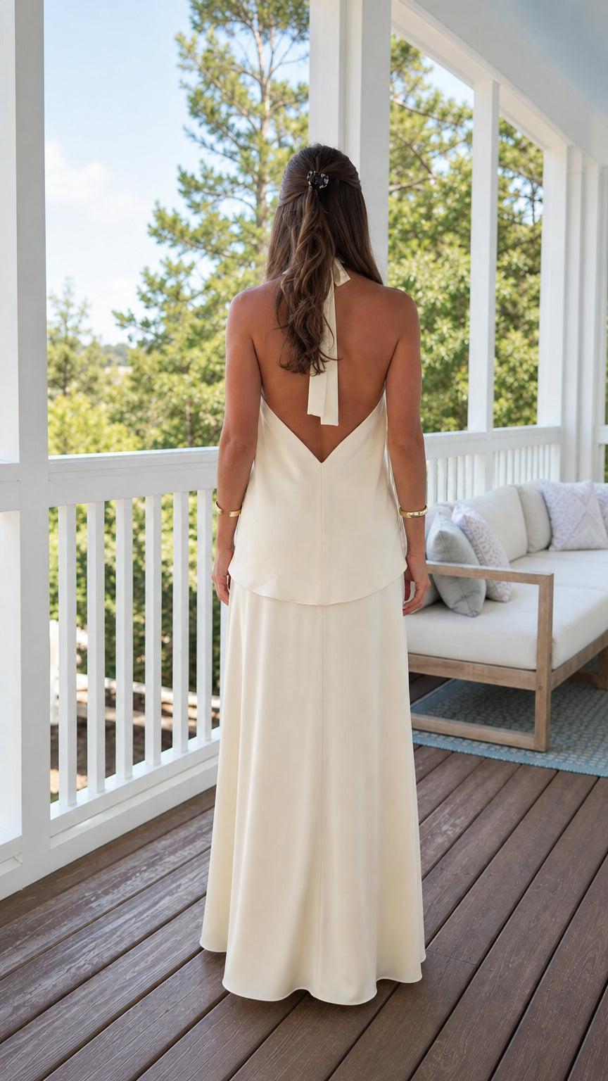 Back view of ivory backless halter top and matching maxi skirt
