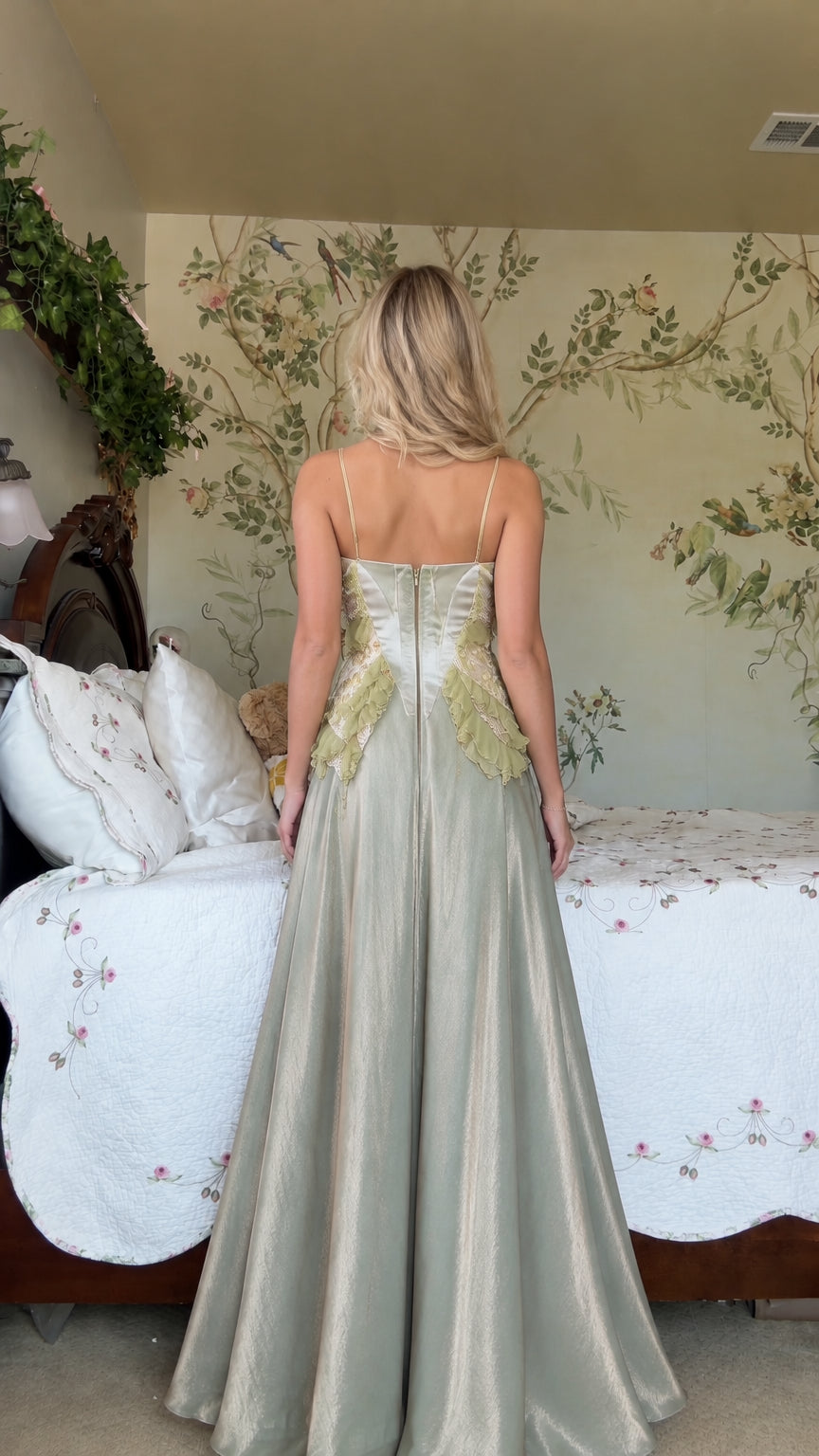 Sage Green back view showing low back and zipper closure on maxi gown