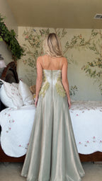 Sage Green back view showing low back and zipper closure on maxi gown