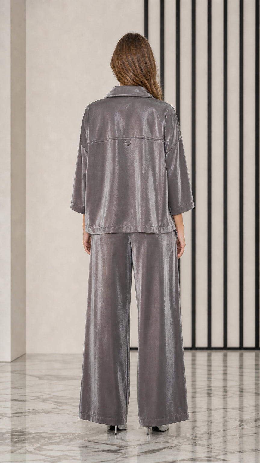 Back view of model showing relaxed fit of Slate Grey velvet two-piece set