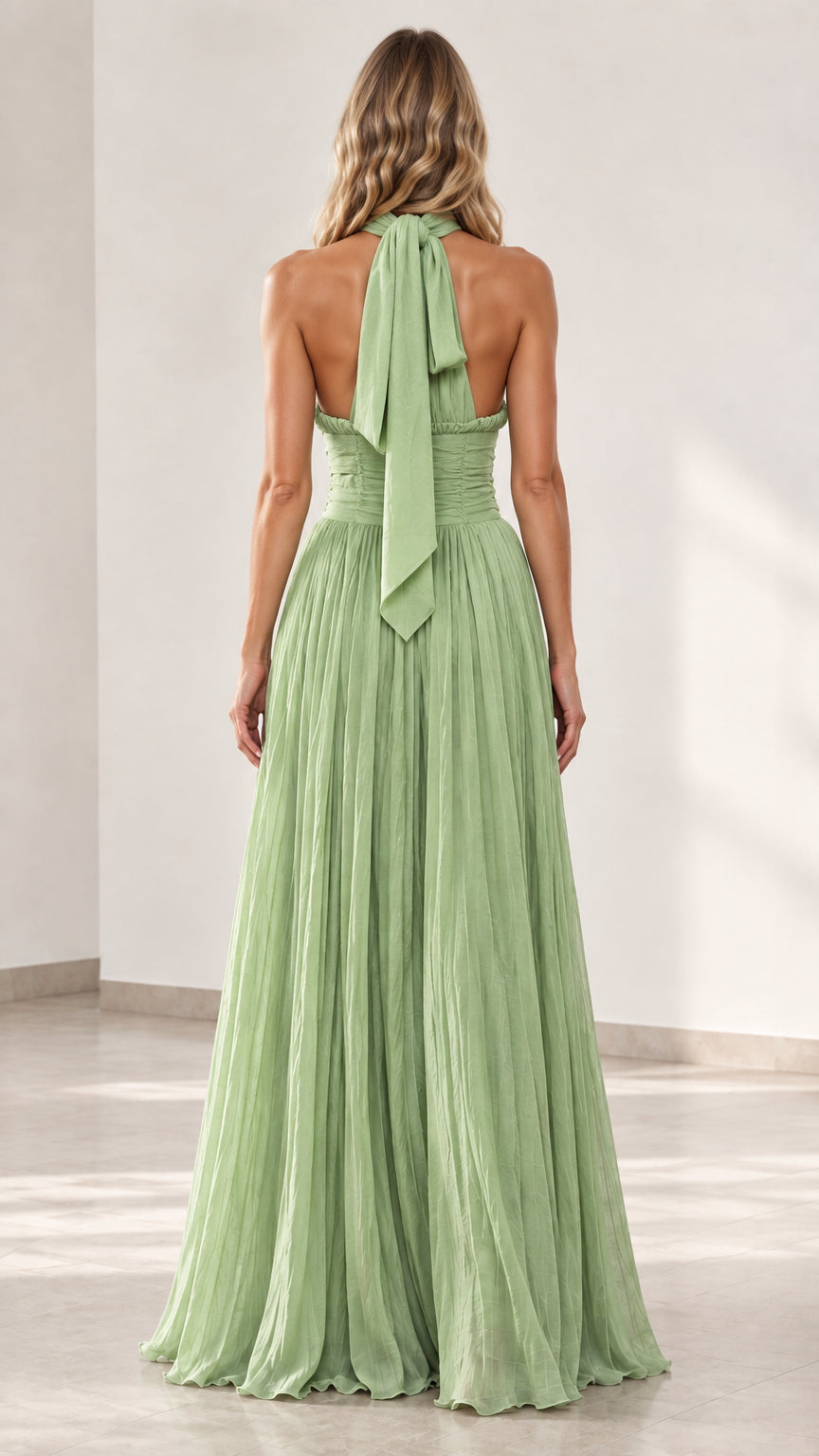 Back view of sage green maxi dress highlighting back neck tie ribbons