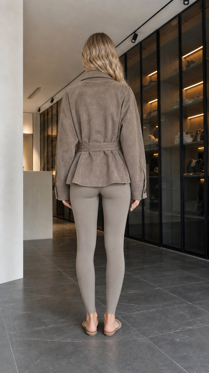 Back view of model showing belted waist and hem of taupe faux suede jacket