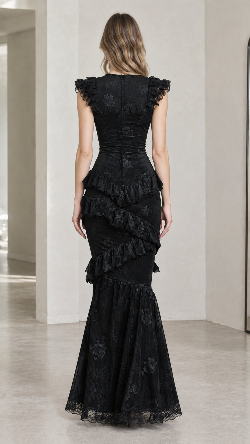 Back full-length view of model wearing black mermaid gown showing fitted back and flared skirt