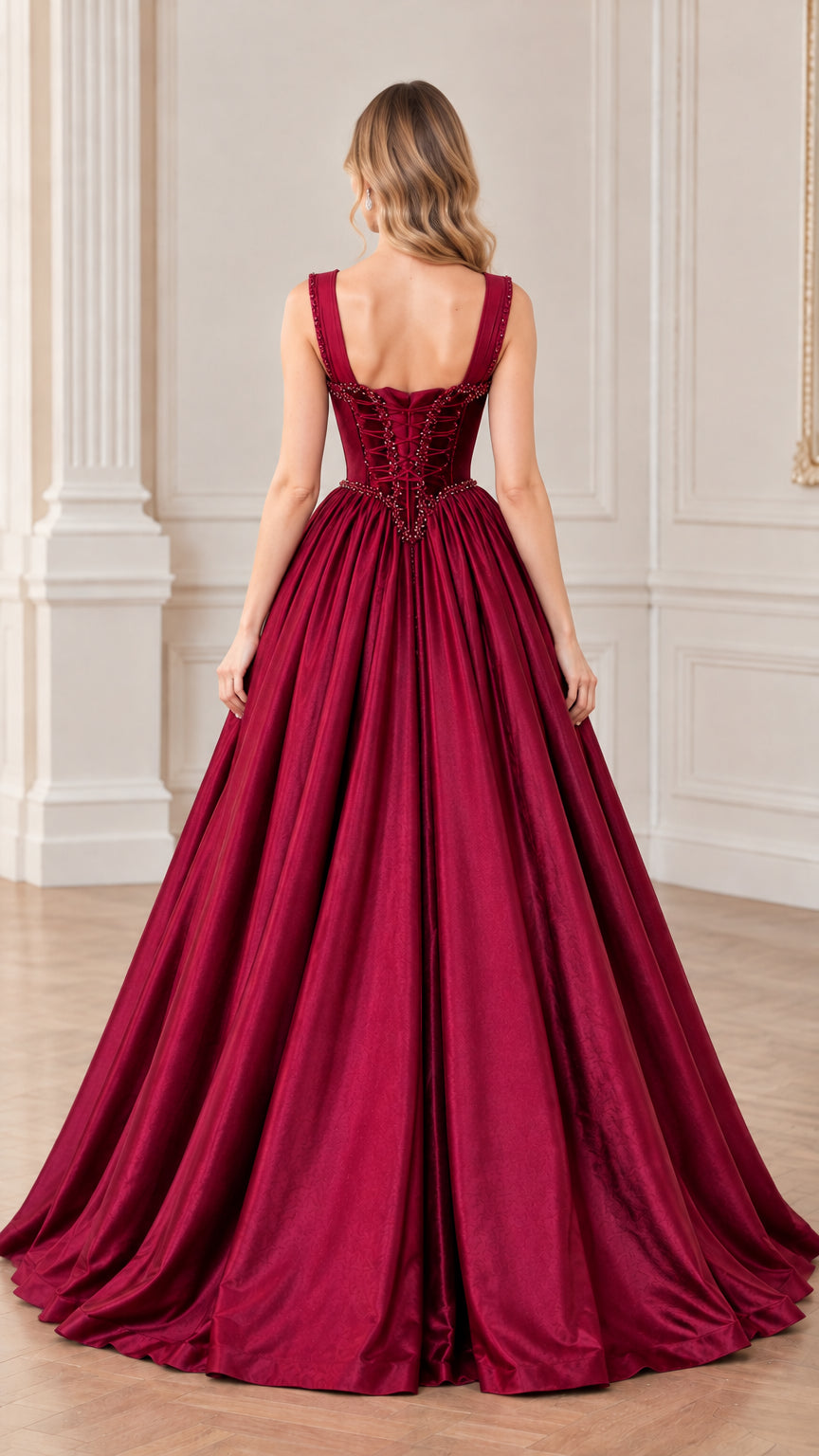 Back view of burgundy corset evening dress showing beaded lace-up detail
