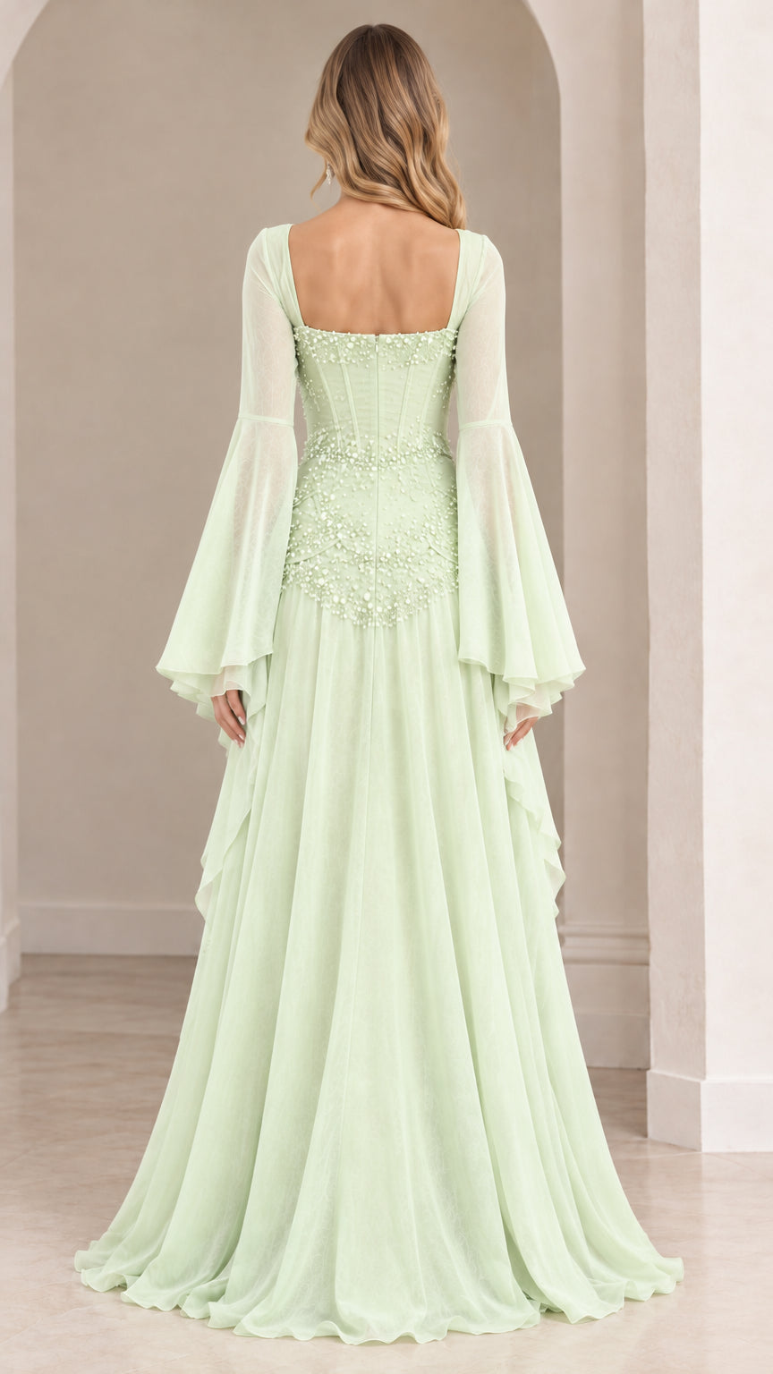 Back view of sage green square neck maxi dress with corset details and draped skirt