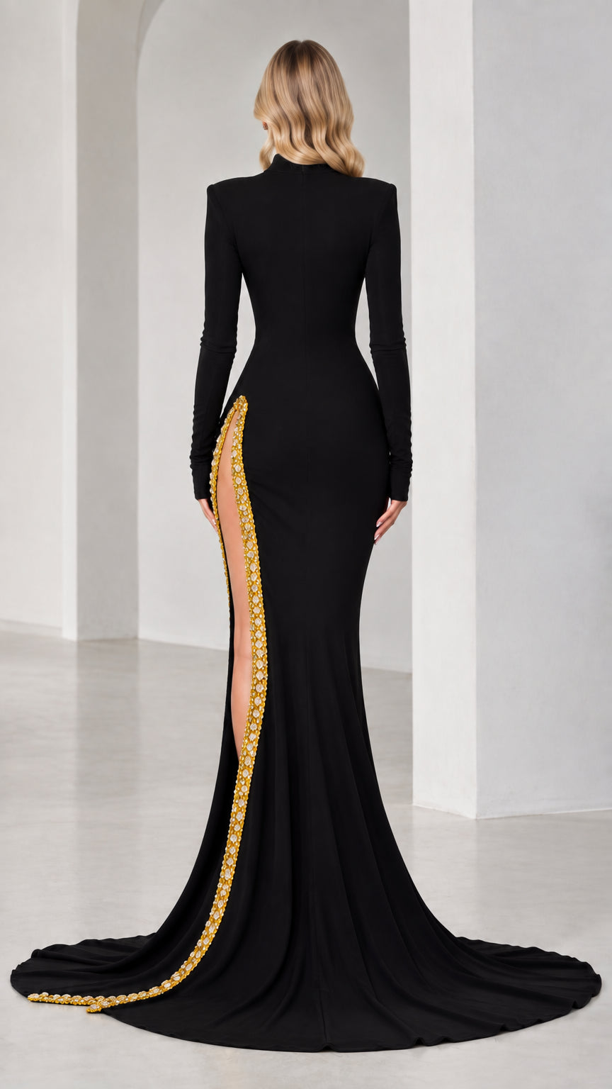 Back view of model in black long sleeve high neck gown showcasing high slit and extended train