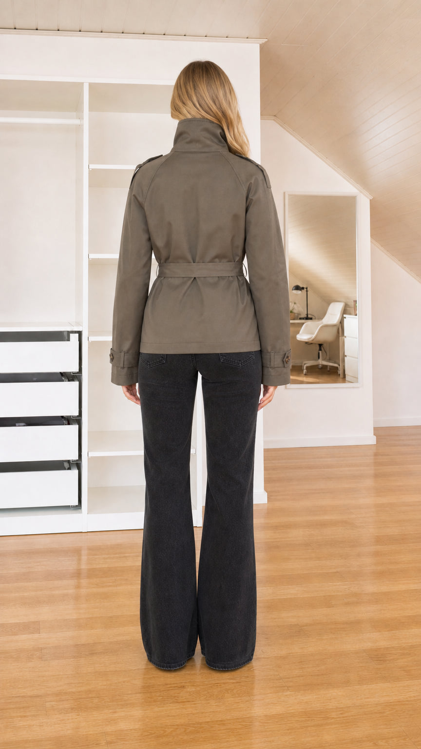 Back view of woman wearing Olive Green belted short trench coat showing waist tie and back design