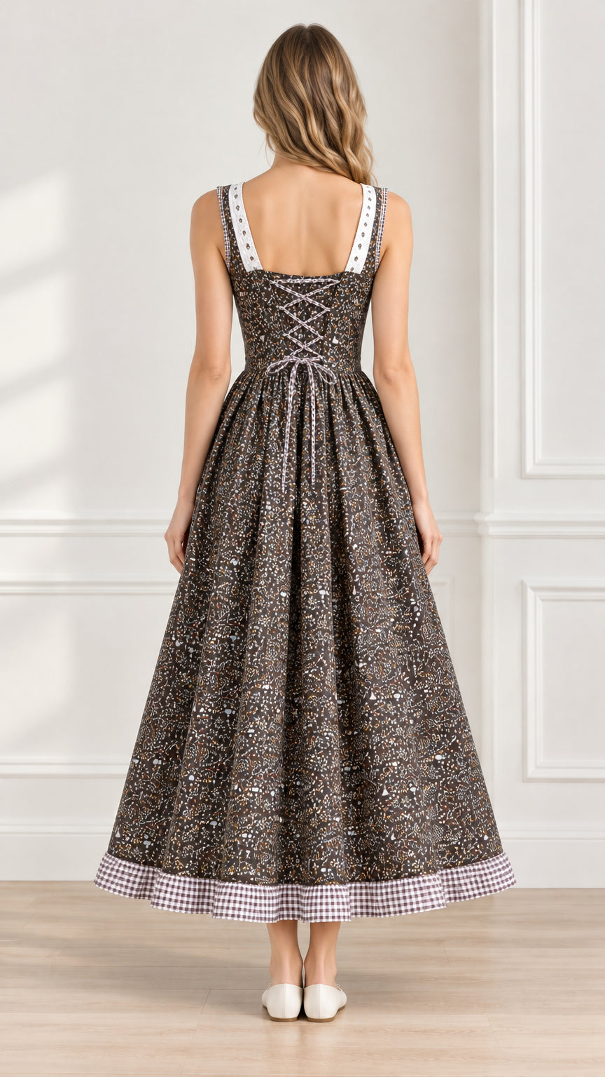 Back view of brown floral maxi dress showing back corset lacing