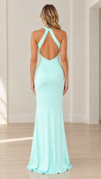 Back view of mint green evening dress showing open keyhole cutout detail