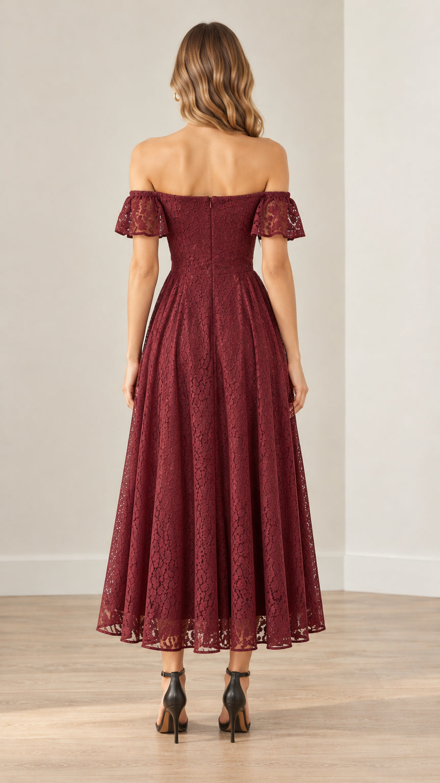 Back view of model wearing a burgundy off-the-shoulder lace midi dress