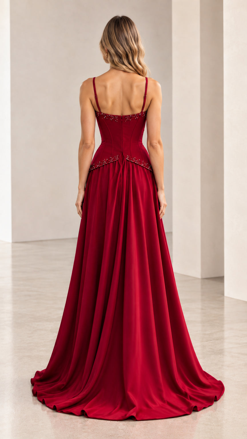 Back view of model wearing burgundy spaghetti strap formal gown with open back