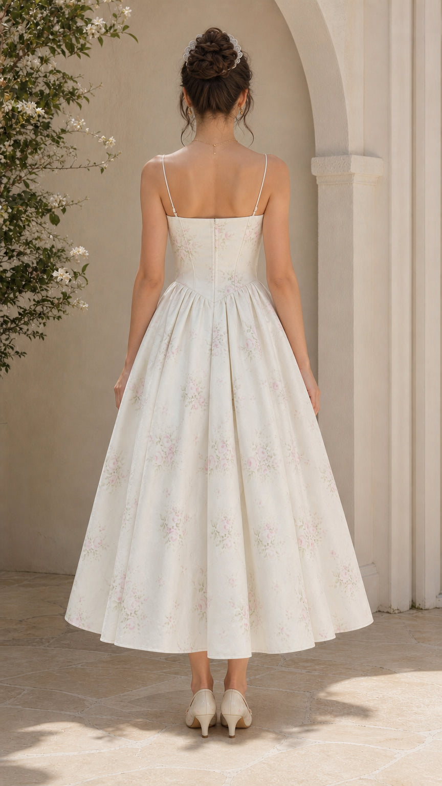 Ivory floral A-line midi dress back view