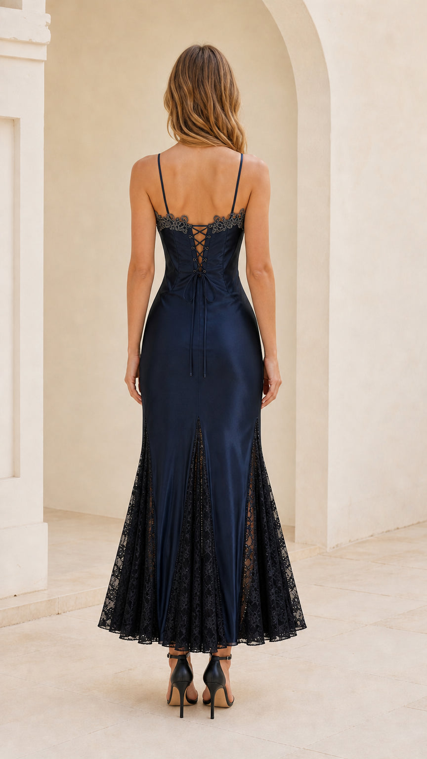 Navy blue satin maxi dress back view featuring lace-up corset detail